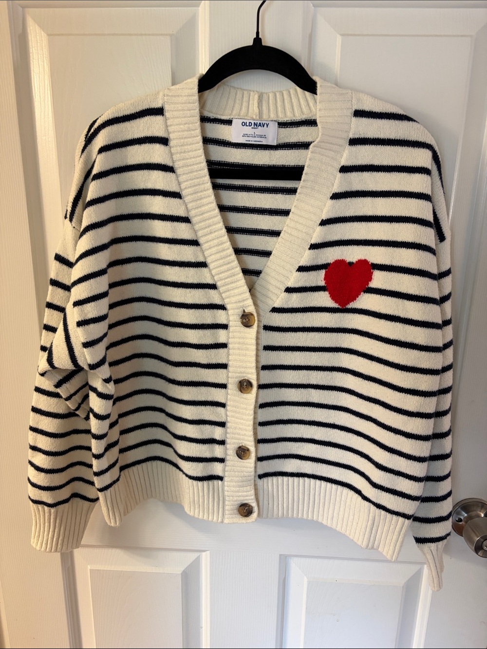 Old Navy Navy & Cream Striped Cardigan with Red Heart Patch